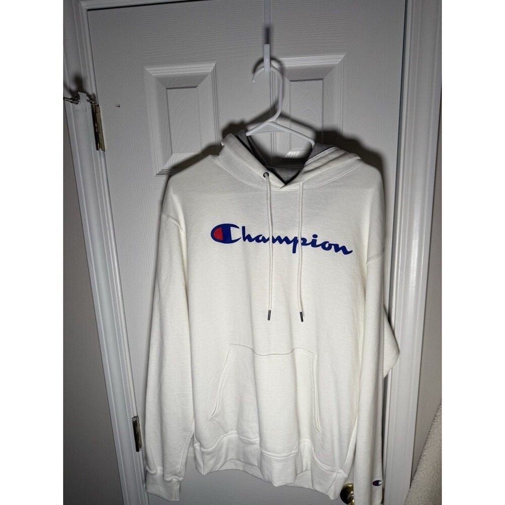 Champion Men's Cream Hoodie Script Logo Pullover Sweatshirt Size M NWT Ivory